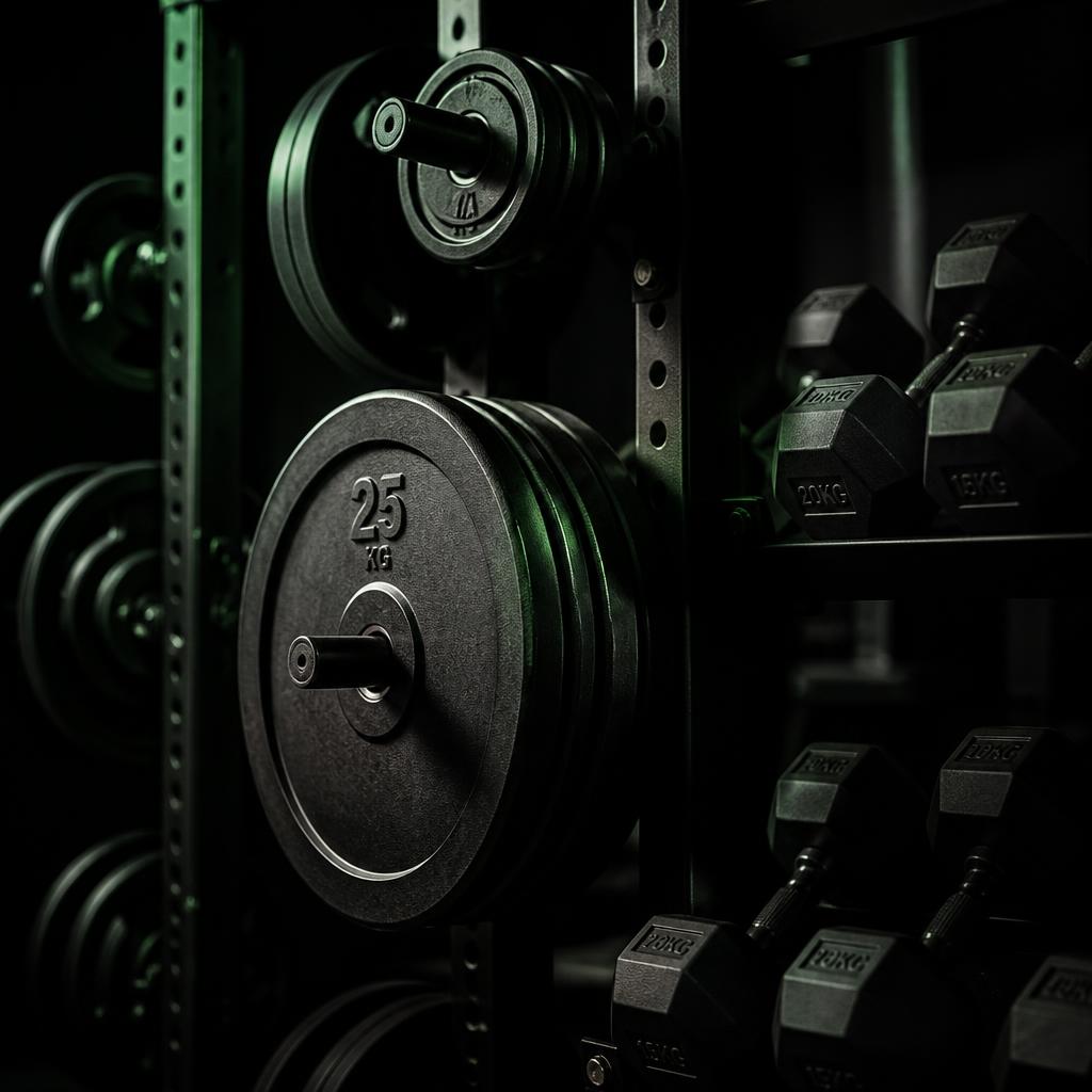 Viktskivor och hantlar i mörkt gym